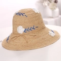 Women's Raffia straw hat with white flower embroidery and blue stitching for beach holiday - Fresh Flower Embroidery Style