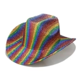 Détail du tissu pailleté rayé arc-en-ciel sur ce chapeau de cowboy de fête western - M (56-58cm) / Rayures arc-en-ciel