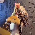 Plush mushroom and chocolate bar keychain with brown woven strap and metal carabiner - Plush Food-Mushroom + Chocolate