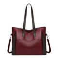 Large capacity wine red soft PU leather tote bag with lychee texture and brown handles - Burgundy