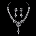 Close-up of luxury crystal bridal necklace and earrings set with shimmering floral details - Grey-Black Rhinestone Silver Plated