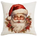 Detailed close-up showing the fine linen texture and Santa Claus print on the cushion cover - Santa Claus with Holly / 45*45cm Single-sided Linen