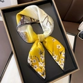 Elegant bright yellow floral silk scarf with white flowers and black border knot - 70*70cm / 30119-Bright Yellow Small Flower