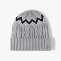 Winter gray cable knit beanie with black and white sawtooth pattern and ribbed cuff - One Size / Light Gray