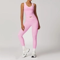 Pink high-waist yoga set with cross-waist leggings and white contrast trim details - S / Top And Bottom (Tank Top + Long Pants) / Sakura Pink
