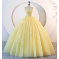 Elegant bright yellow sweetheart quinceanera gown with floral lace and sequins - 2XL / Floor-Length / Yellow