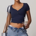 Slim fit navy blue short sleeve yoga T-shirt with U-neck and silver button details - XS / Navy Blue