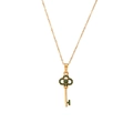 Elegant gold key necklace with clover-shaped top and micro-set green crystals - Green Zirconia