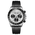 Silver steel panda watch with black multifunctional sub-dials and silicone strap - 1810 Silver Case White Dial - Silicone Strap (Hollow Bottom)