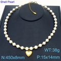 French style shell pearl necklace with golden heart pendant and OT buckle design - High Polished Heart Shell Pearl Round Bead Style (KN287687-Z)