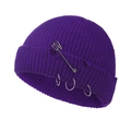 Detail view of purple knit beanie with decorative silver safety pin and metal rings - 55-58cm / Deep purple
