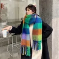 Winter chunky colorful oversized plaid knit scarf with fringes in vibrant multicolor - 230*35cm / 40202-Green Plaid
