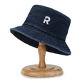 Dark blue denim bucket hat with white R letter embroidery on wooden display stand - Letter R Navy Blue