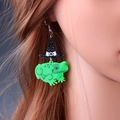 Halloween drop earrings featuring a green frog wearing a black wizard hat with cat print - Frog Wizard Hat