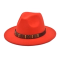 Close-up of red wool felt fedora featuring a brown belt with metallic shell accents - M (56-58cm) / Orange Red