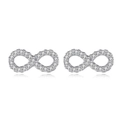 Silver infinity stud earrings with sparkling white cubic zirconia pavé on white background - White Gold