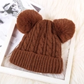 Brown winter knit hat for women featuring fluffy double pom-poms and warm ribbed texture - Double Pom Pom No Fleece / Caramel color