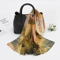 Lightweight summer chiffon silk scarf with vintage lotus print tied on a handbag - Green (Chinese Ink Lotus)