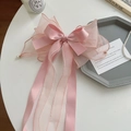 Pink double-layered satin and organza bow hair clip with elegant pearl detailing - Pink