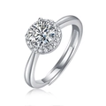 Detailed close-up of a silver halo ring featuring a central round stone and adjustable band - Timeless Love Ring / 1 Carat / Ring Only