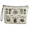 Canvas makeup bag with coffee prints and black handle in cream white finish - Retro Coffee Quotes