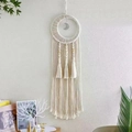 Large beige woven cotton tapestry with wooden beads and moon charm in boho style - Double Ring Beige with Pendant