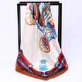 Elegant satin square scarf with vintage carriage print in beige and brown finish - Angel Driving Coffee (SD90-04-3)