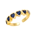 Retro gold open ring featuring a row of dark blue heart-shaped cubic zirconia gems - Adjustable Open / Blue