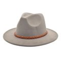 Detail of light grey wool fedora hat featuring a brown braided leather belt band - M (56-58cm) / Light Gray