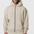 Detailansicht beige Fleece-Kapuzenjacke mit Reißverschluss und Rippbündchen - S / Khaki