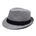 Classic mid-grey fedora hat with black grosgrain ribbon band and woven texture - One Size / Light Gray