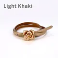 Slim light khaki leather belt for women featuring a gold camellia flower buckle - Light Khaki / 105cm