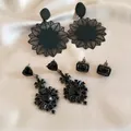 Set of 3 pairs of black gothic earrings featuring floral, heart, and geometric designs - 41# Silver Needle - Black (6-Piece Set)