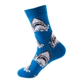 Blue crew socks featuring retro shark print and elastic ribbed cuffs for adults - No. 187 Blue Shark