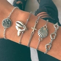 Fünfteiliges Vintage-Silberarmband-Set mit Muscheln, Herzen und Kristallanhängern - Silber Sonnenblume Ozean Set (10717)