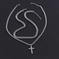 Close-up of double-layer silver stainless steel Cuban chains with a cross pendant - 23C10128-Silver Set