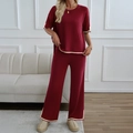 Women's burgundy knit set with short sleeve top and wide leg pants with beige trim - S / Burgundy