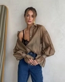 Brown satin long sleeve shirt with oversized silhouette and elegant wide pleated cuffs - S / Coffee
