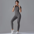 Macro detail of high-elasticity fabric and zipper closure on women's athletic jumpsuit - S / Top And Bottom / Dark Gray