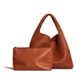 Handwoven caramel brown tote bag and matching pouch set with premium braided texture - Coffee