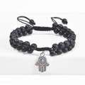 Detailansicht der Hamsa-Hand-Armband mit schwarzen Perlen und blauem Evil Eye Anhänger - Schwarzer Mattstein Einlagiger Stil (Stil-2)