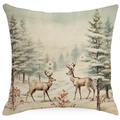 Christmas pillow cover featuring vintage deer, snowy forest, and red berries print - YMD511-14 (Winter Forest Stag)