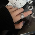 Adjustable silver ring with translucent gemstone and retro geometric design for women - No. 50 Open Ring