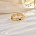 Detail of gold open ring featuring a red heart-shaped gem and baguette crystals - Red Heart Rectangle Rhinestone (JZ0117)