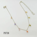 Minimalist stainless steel silver anklet featuring colorful beads and a foot tag charm - Silver Anklet (PD738)