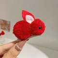 Cute red plush rabbit hair clip for girls with soft fur texture and metal duckbill clip - Red