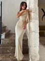 Elegant champagne silk one-shoulder maxi dress with draped ribbon detail on stairs - S / White