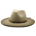 Detail of khaki wide brim fedora hat featuring a brown leather band and metallic buckle - M (56-58cm) / Army Green