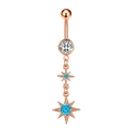 Detail of rose gold belly ring with sparkling star pendants and blue zircon stones - 2750 Rose Gold Double Stars