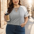 Detail of plus size V-neck T-shirt with lace-up neckline and gray-white color block design - XL / Light Grey